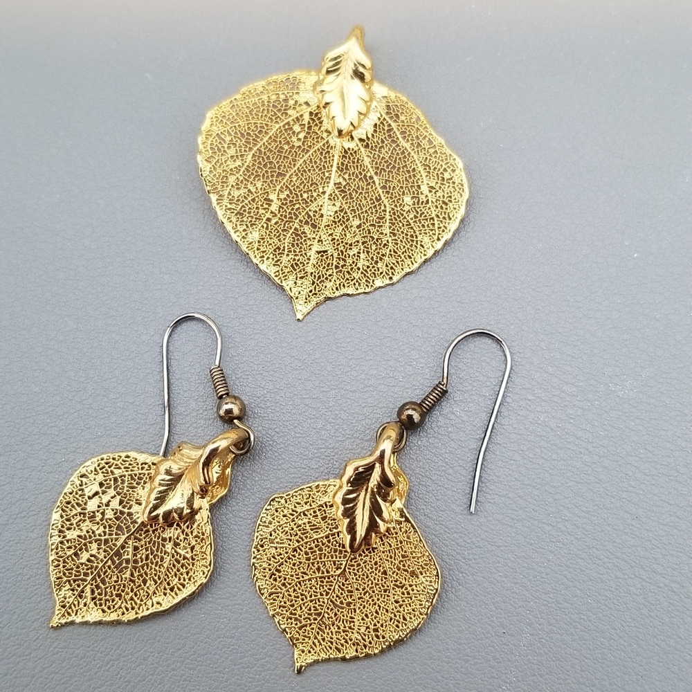 Real 24k Gold Dipped Aspen Leaves Jewelry - image 2